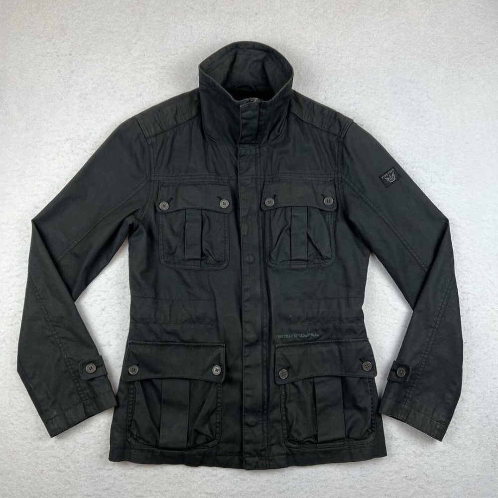 Mens Firetrap Black Canvas Pockets Work Utility Jacket Coat Size Small EUC